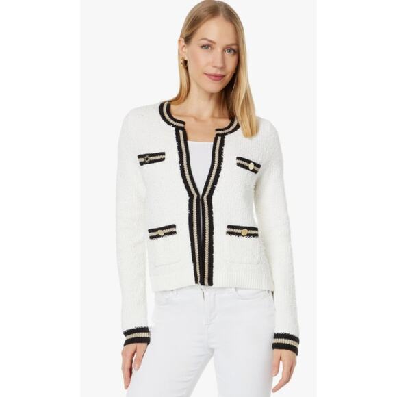 Lilly Pulitzer Sweaters - Lilly Pulitzer Nalayna Cardigan Boucle Open Knit Gold Detailing Pockets Size XL